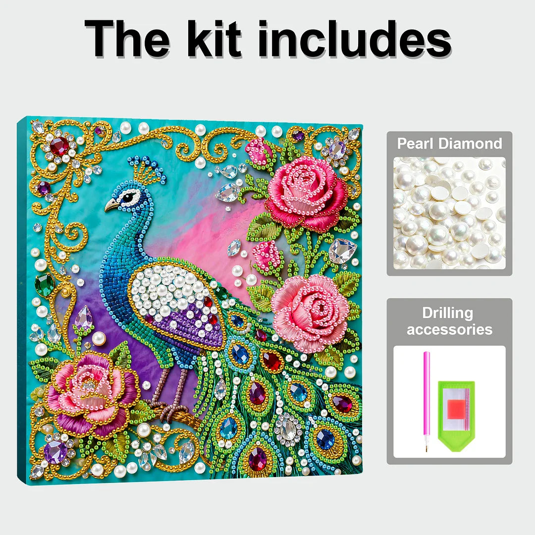 DIY Pearl Painting With Frame - Handmade Self-Adhesive Pearls - Peacock (25*25cm) C