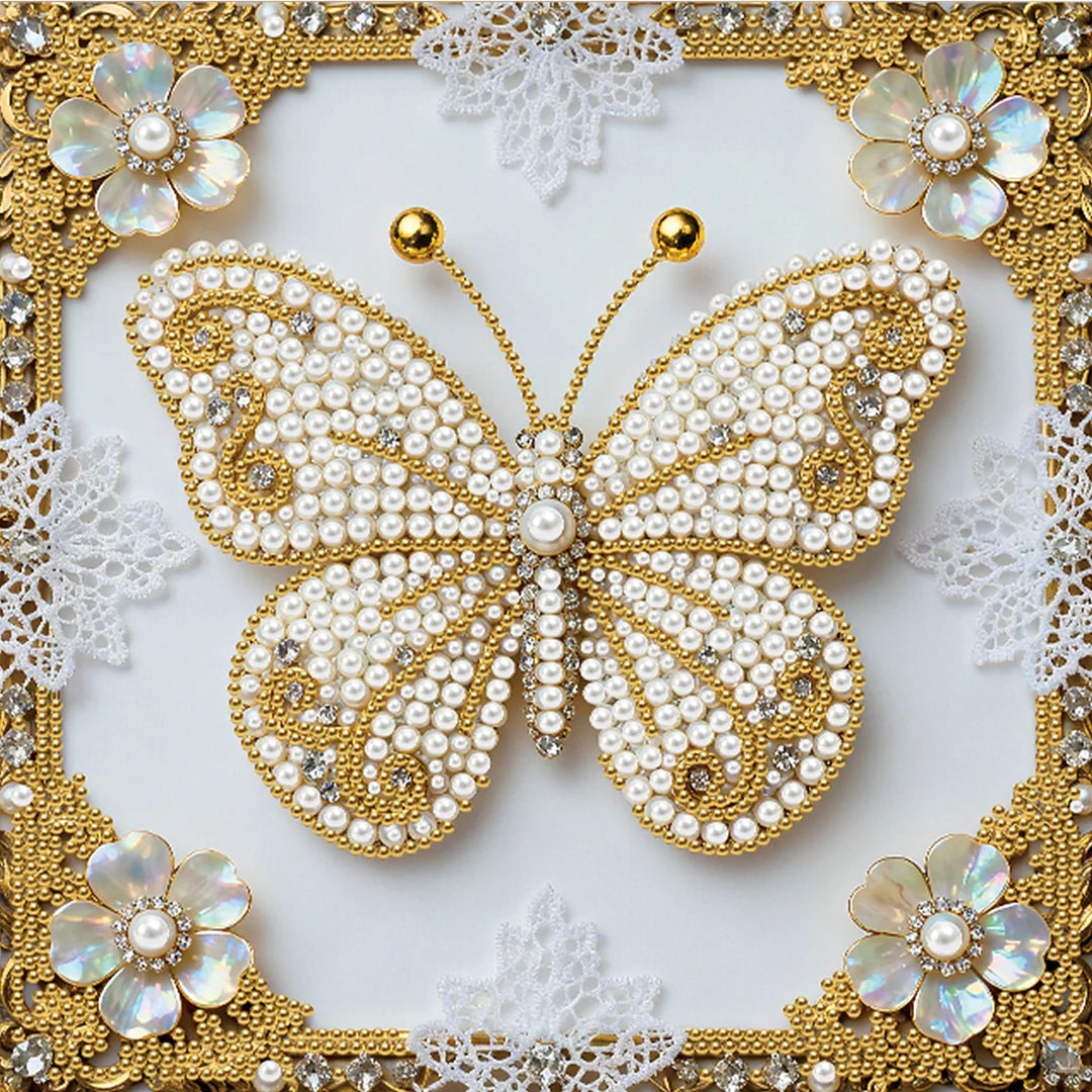 DIY Pearl Painting With Frame - Handmade Self-Adhesive Pearls - Butterfly (25*25cm) B
