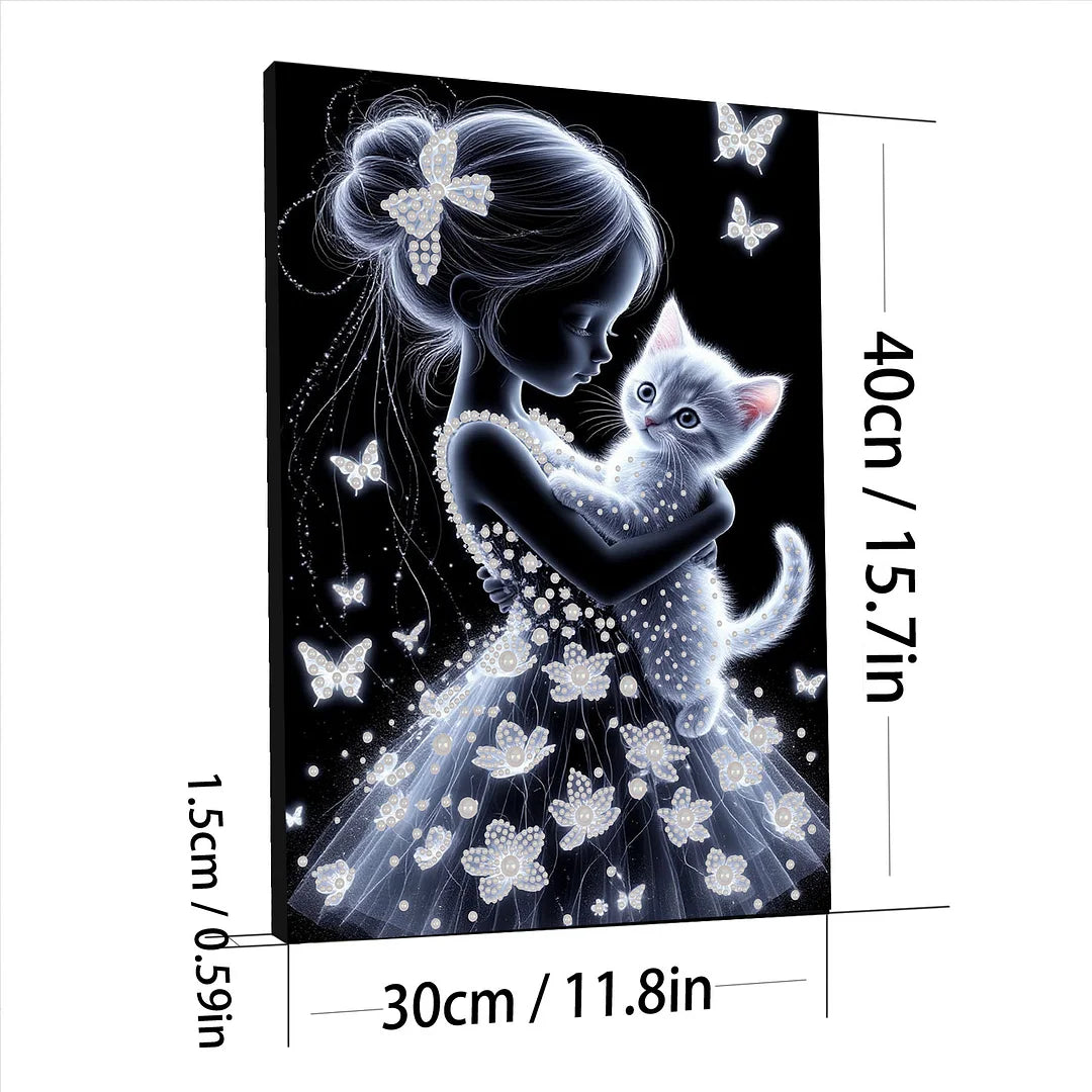 DIY Pearl Painting With Frame - Handmade Self-Adhesive Pearls - Girl and Cat (30*40cm)