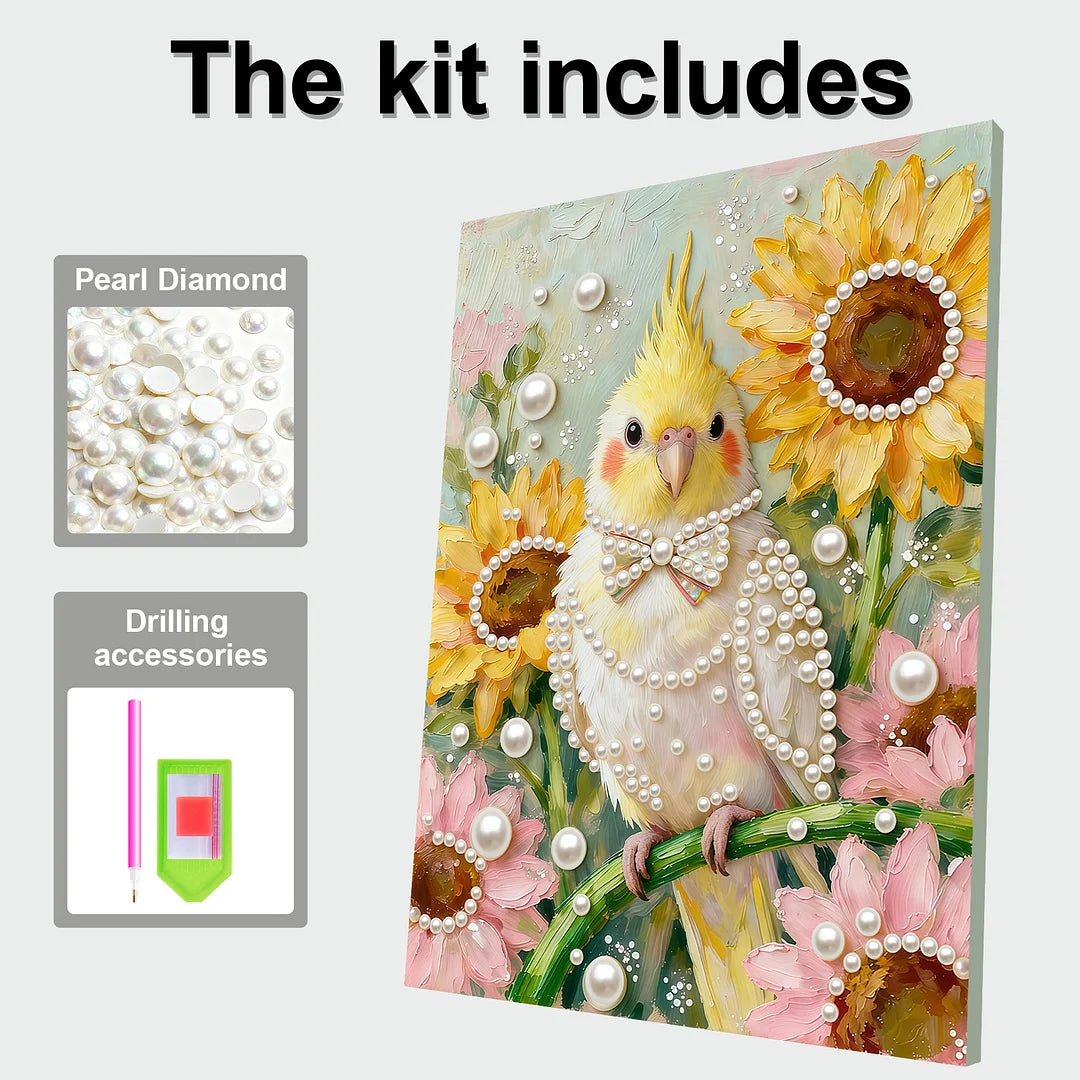 DIY Pearl Painting With Frame - Handmade Self-Adhesive Pearls - cockatiel (30*40cm) A