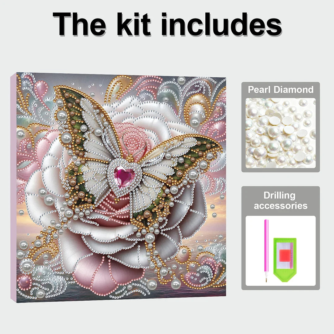 DIY Pearl Painting With Frame - Handmade Self-Adhesive Pearls - White Butterfly (25*25cm)