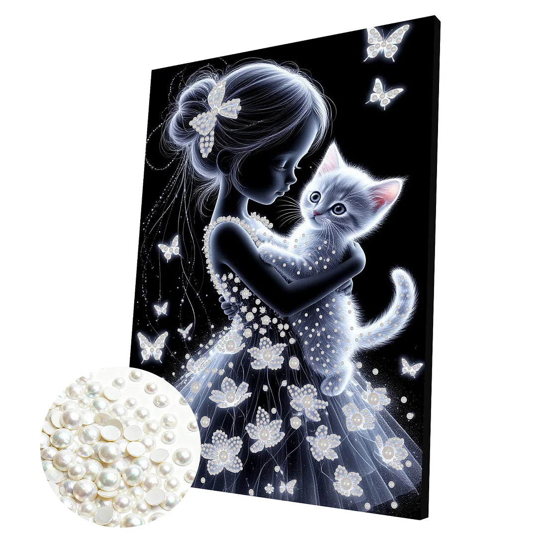 DIY Pearl Painting With Frame - Handmade Self-Adhesive Pearls - Girl and Cat (30*40cm)