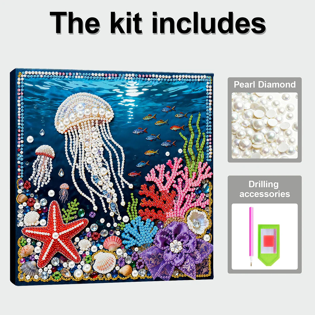 DIY Pearl Painting With Frame - Handmade Self-Adhesive Pearls - Jellyfish (25*25cm)