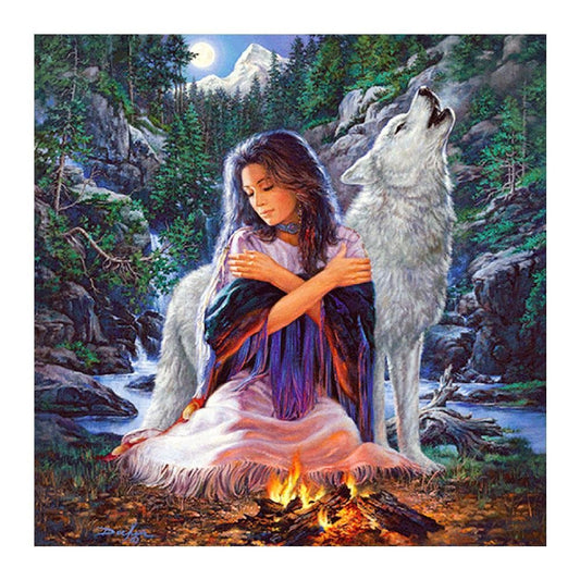 5D Diy Diamond Painting Kit Full Round Beads Wolf Girl