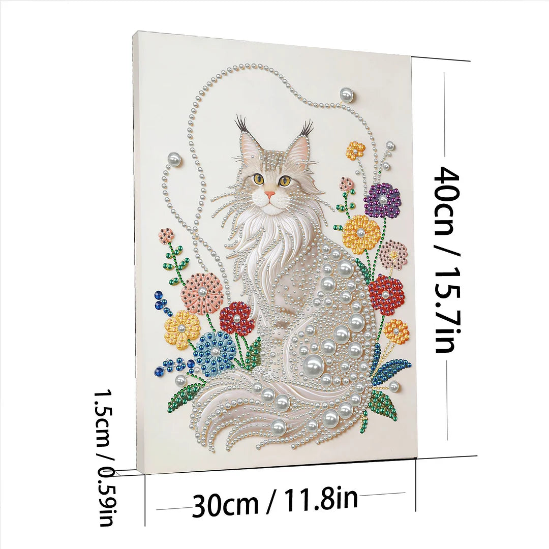 DIY Pearl Painting With Frame - Handmade Self-Adhesive Pearls - White Cat (30*40cm)