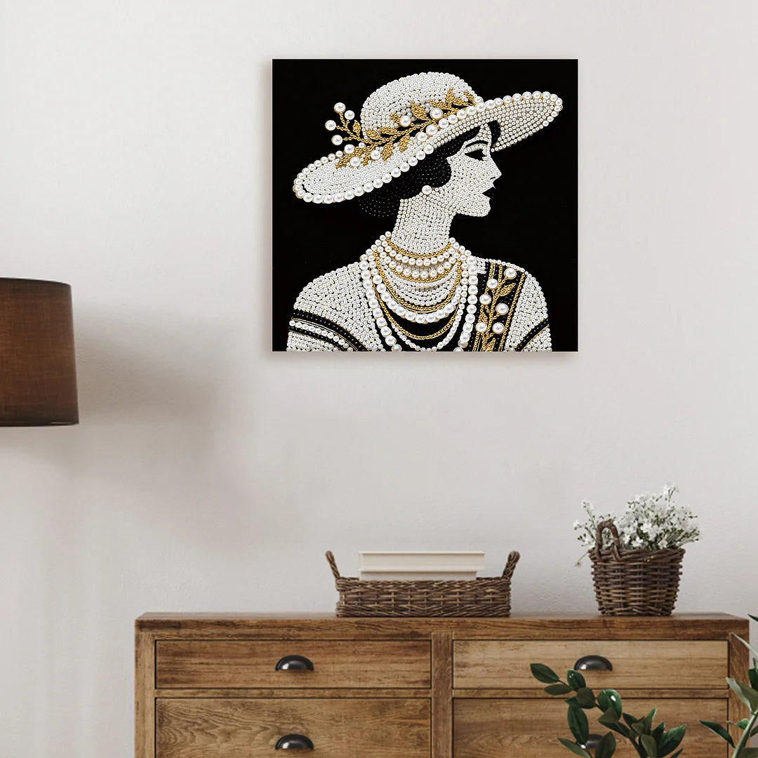 DIY Pearl Painting With Frame - Handmade Self-Adhesive Pearls - Lady (25*25cm) A