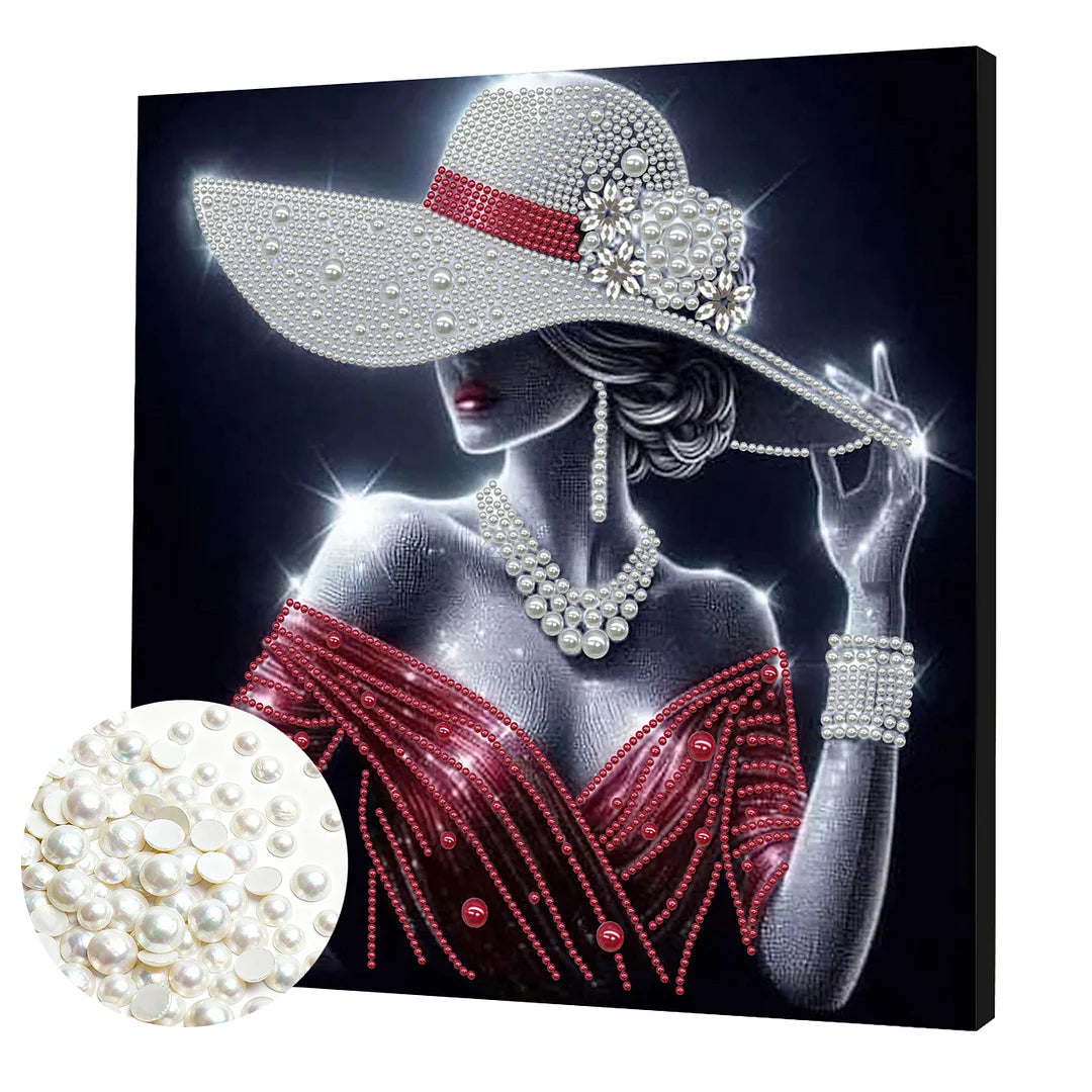 DIY Pearl Painting With Frame - Handmade Self-Adhesive Pearls - Red Dress Lady (30*30cm) C