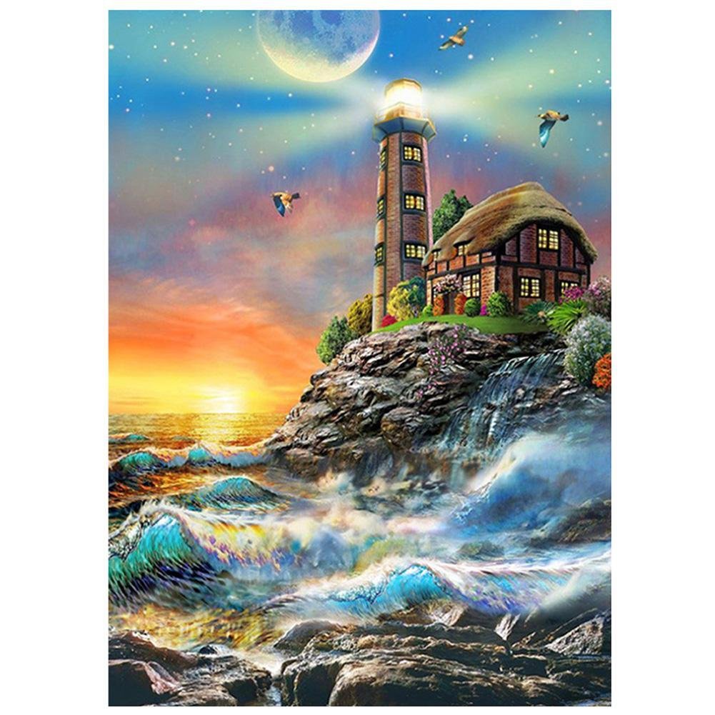 5D Diy Diamond Painting Kit Full Round Beads Sea Lighthouse