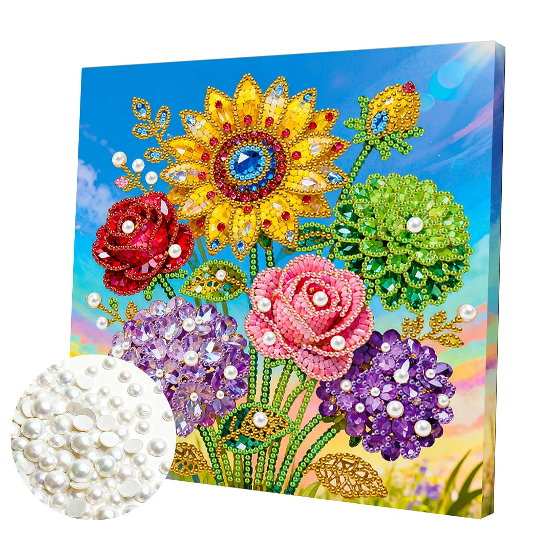 DIY Pearl Painting With Frame - Handmade Self-Adhesive Pearls - Sunflower (25*25cm) C