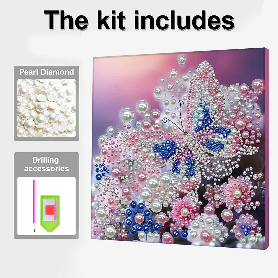 DIY Pearl Painting With Frame - Handmade Self-Adhesive Pearls - Butterfly (30*30cm) G