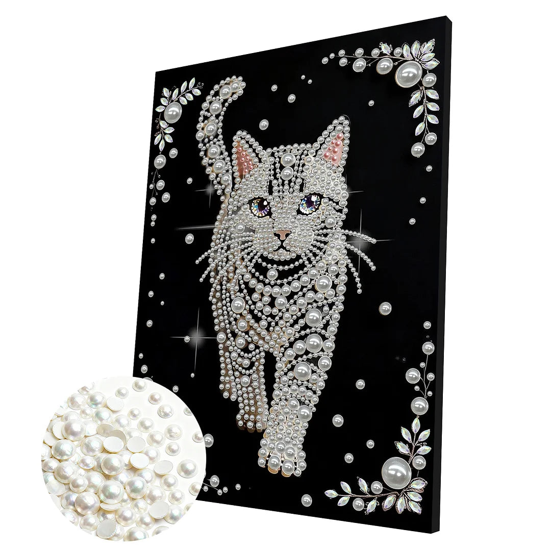 DIY Pearl Painting With Frame - Handmade Self-Adhesive Pearls - Cat (30*40cm) A
