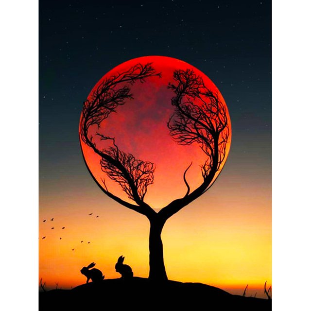Rabbits under sunset tree diamond painting art