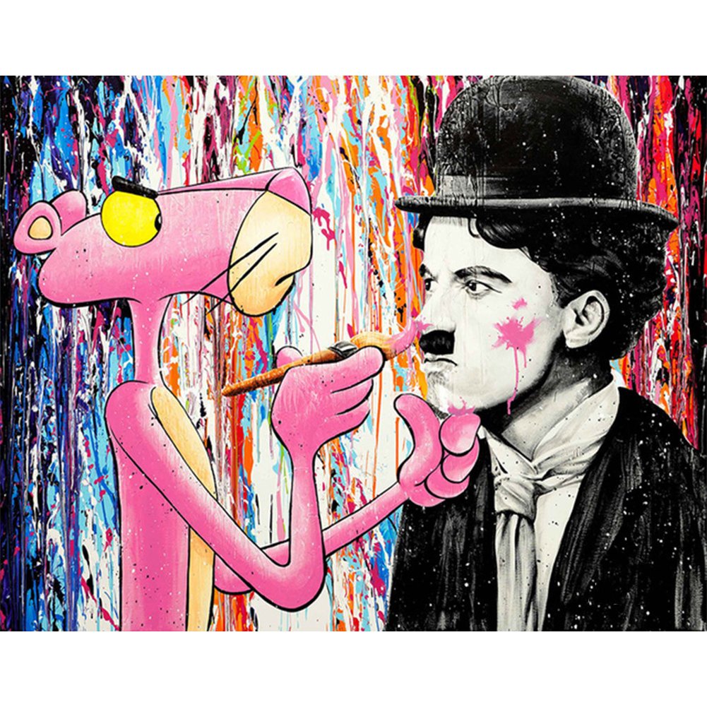 Pink Leopard & Charlie Chaplin Stamped Cross Stitch