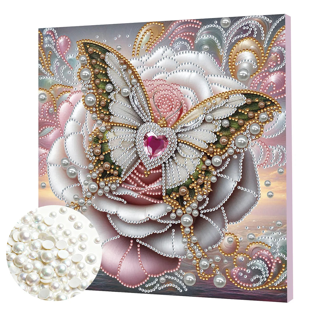 DIY Pearl Painting With Frame - Handmade Self-Adhesive Pearls - White Butterfly (25*25cm)