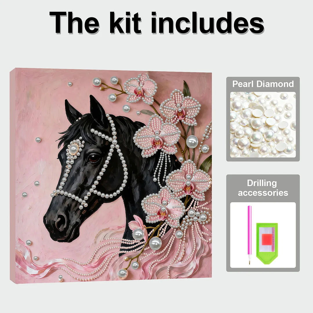 DIY Pearl Painting With Frame - Handmade Self-Adhesive Pearls - Horse (30*30cm) F