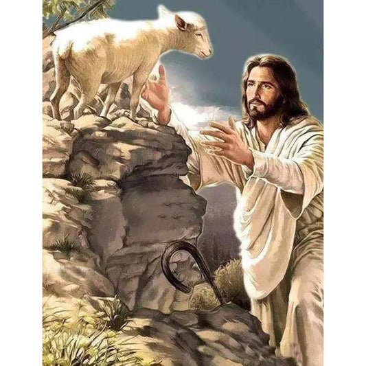 5D Diy Diamond Painting Kit Full Round Beads Jesus Sheep
