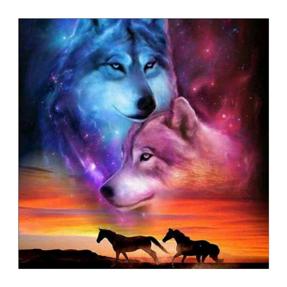 5D Diy Diamond Painting Kit Full Round Beads Wolf Under The Stars
