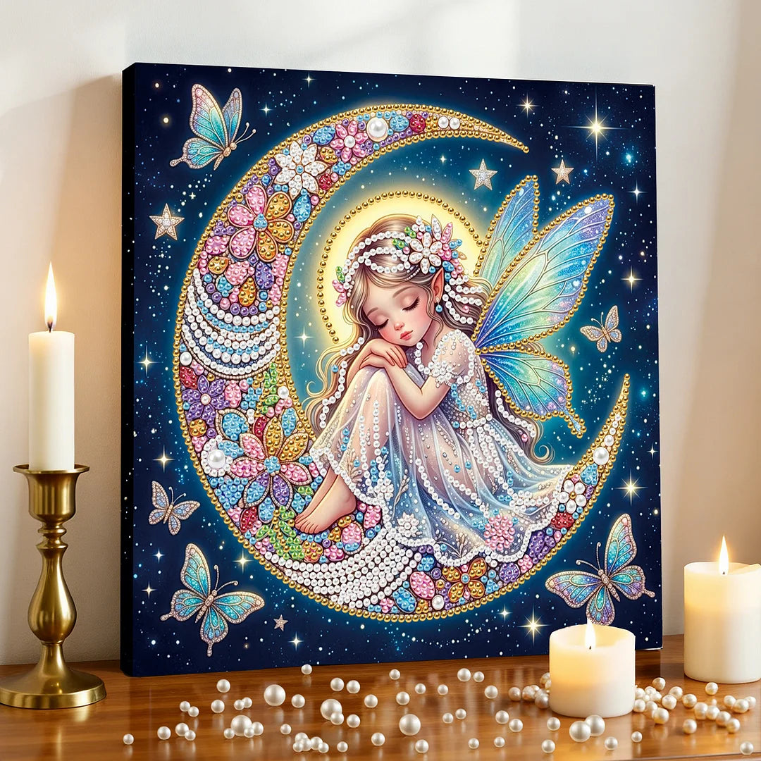 DIY Pearl Painting With Frame - Handmade Self-Adhesive Pearls - Moon Fairy (25*25cm)