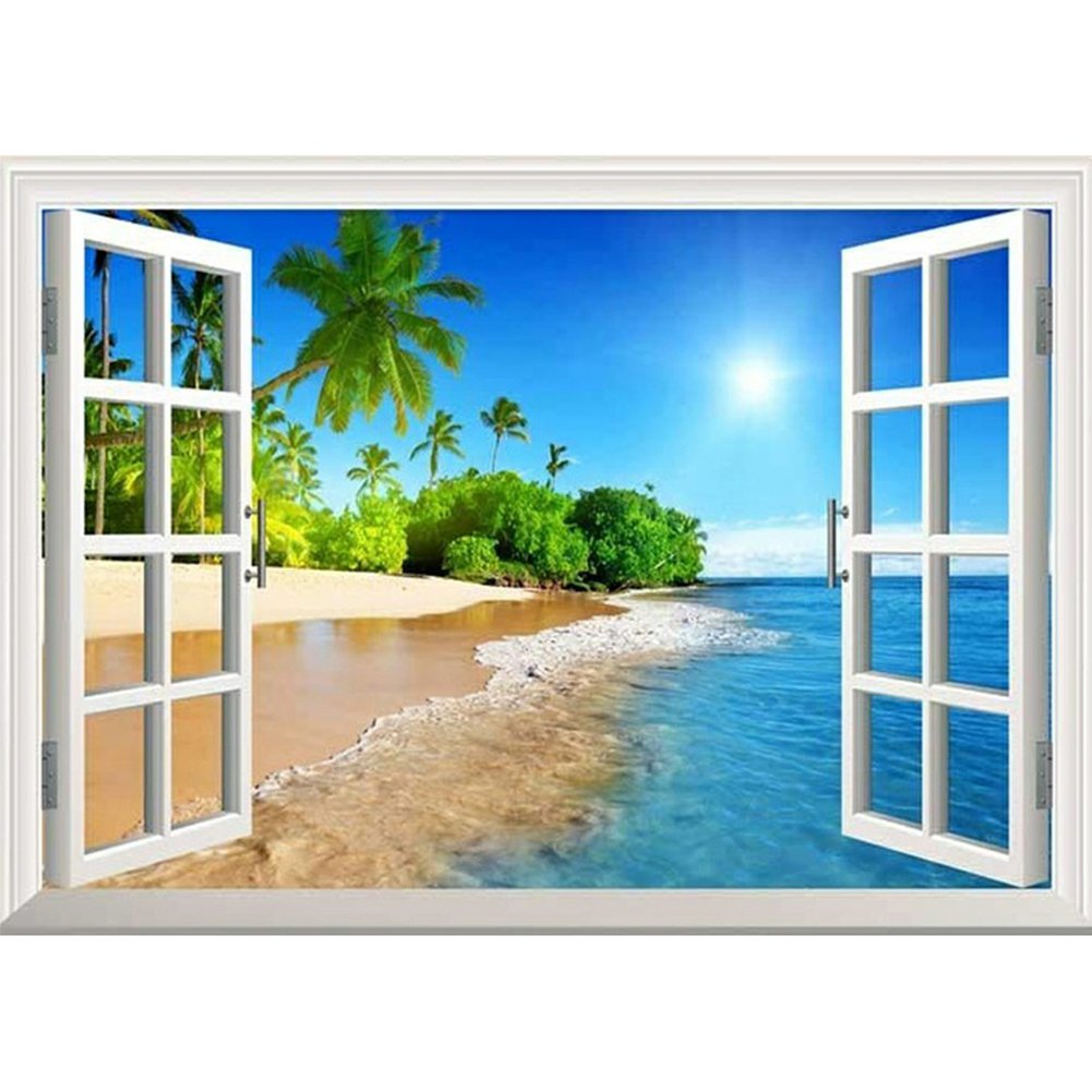 5D Diy Diamond Painting Kit Full Round Beads Window Sea