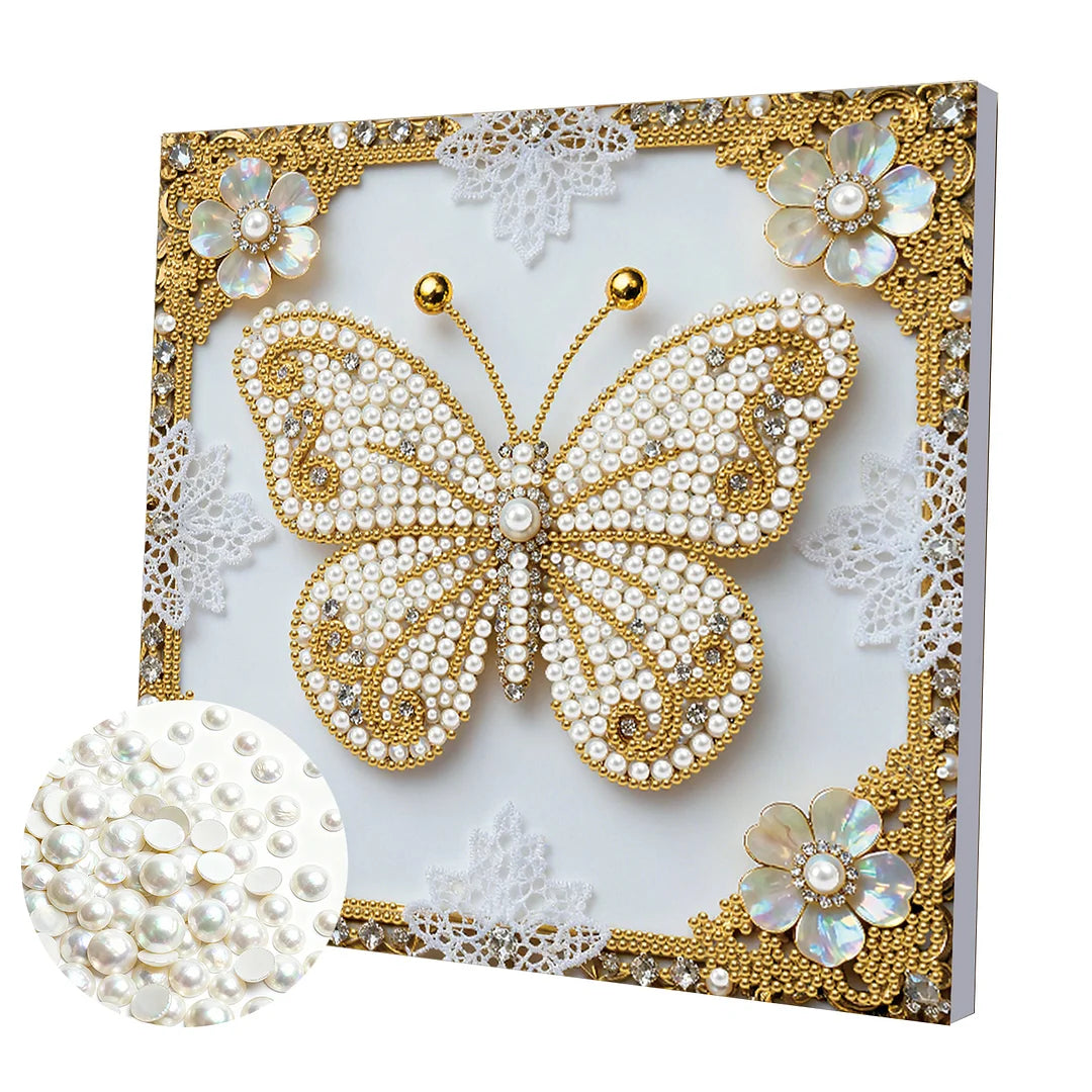 DIY Pearl Painting With Frame - Handmade Self-Adhesive Pearls - Butterfly (25*25cm) B