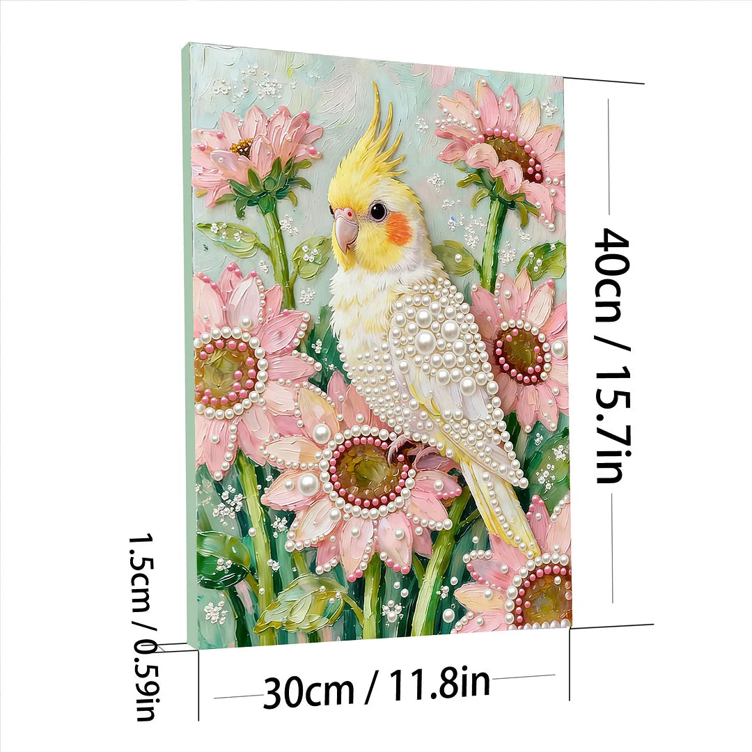 DIY Pearl Painting With Frame - Handmade Self-Adhesive Pearls - Cockatiel (30*40cm) B