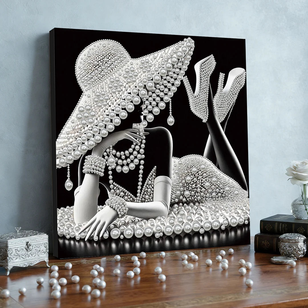 DIY Pearl Painting With Frame - Handmade Self-Adhesive Pearls - White Pearl Lady (30*30cm) C