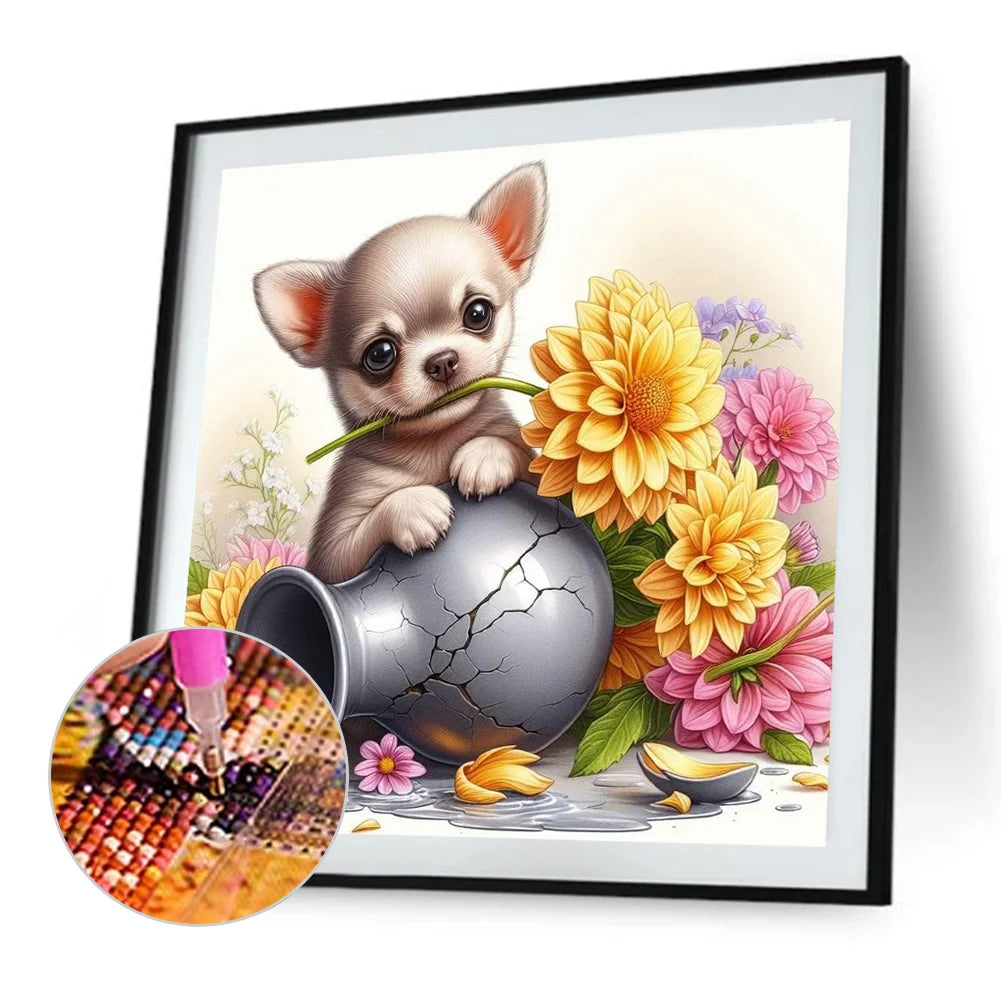 Diamond Painting - Full Round / Square - Dog With Flower Vase