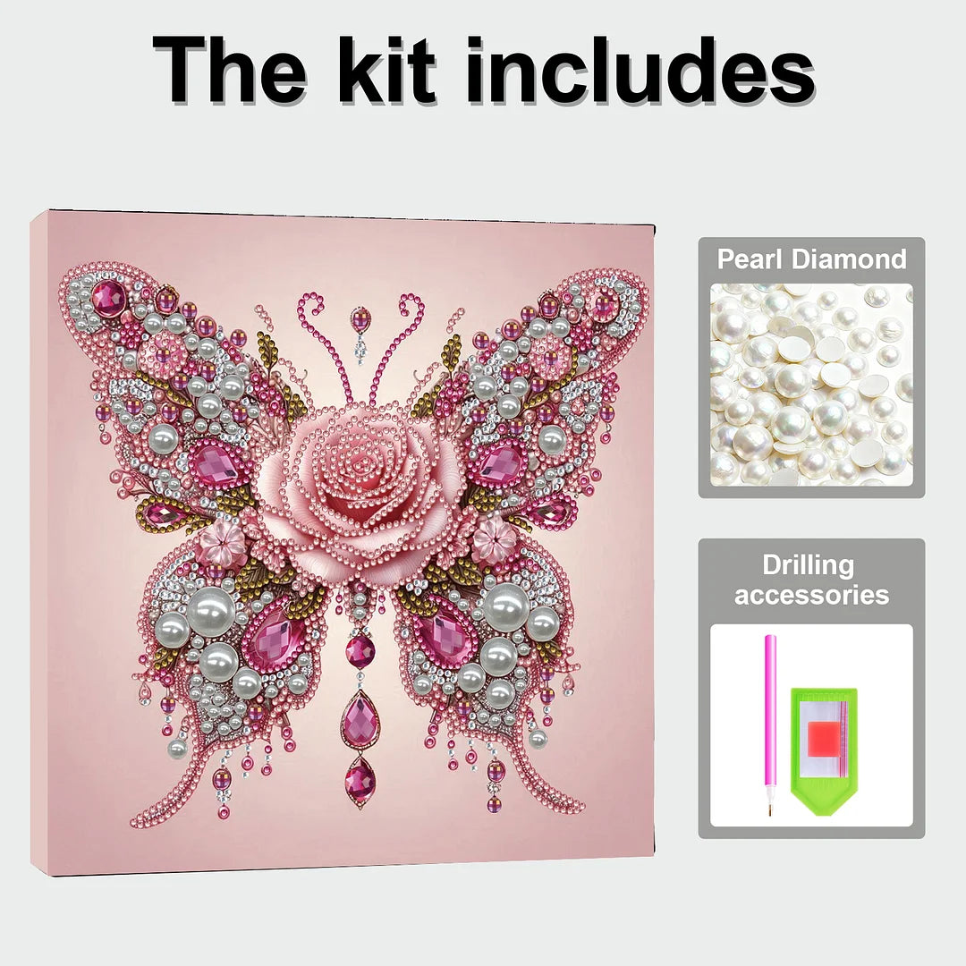 DIY Pearl Painting With Frame - Handmade Self-Adhesive Pearls - Rose Butterfly (25*25cm)