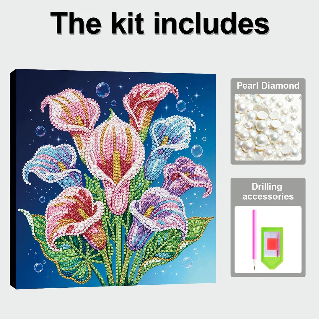 DIY Pearl Painting With Frame - Handmade Self-Adhesive Pearls - Calla Lily (25*25cm)