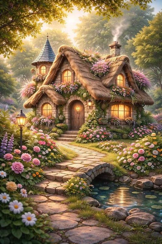 A whimsical fairy-tale cottage with a thatched roof, glowing warm windows, and abundant pink flowers, surrounded by a stone path, small bridge, and pond in a lush green forest.