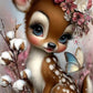 A whimsical digital illustration of a cute cartoon deer fawn with large blue eyes, wearing a pink bow and floral headpiece, surrounded by cotton bolls, a butterfly, and soft pink background elements.