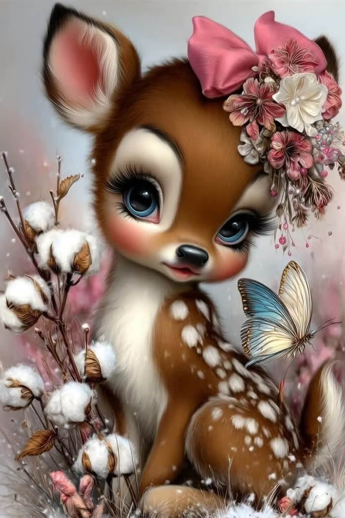 A whimsical digital illustration of a cute cartoon deer fawn with large blue eyes, wearing a pink bow and floral headpiece, surrounded by cotton bolls, a butterfly, and soft pink background elements.