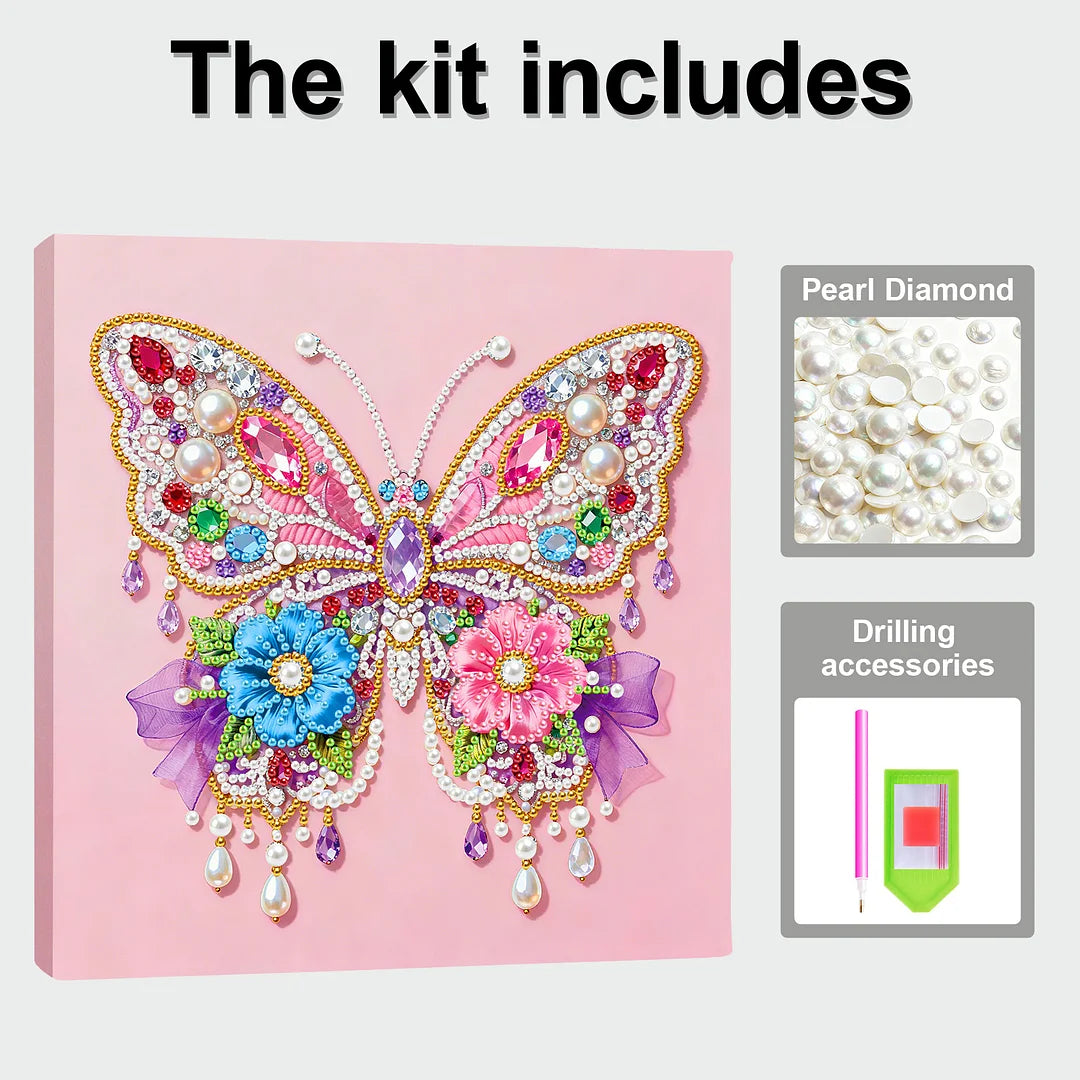 DIY Pearl Painting With Frame - Handmade Self-Adhesive Pearls - Butterfly (25*25cm) F