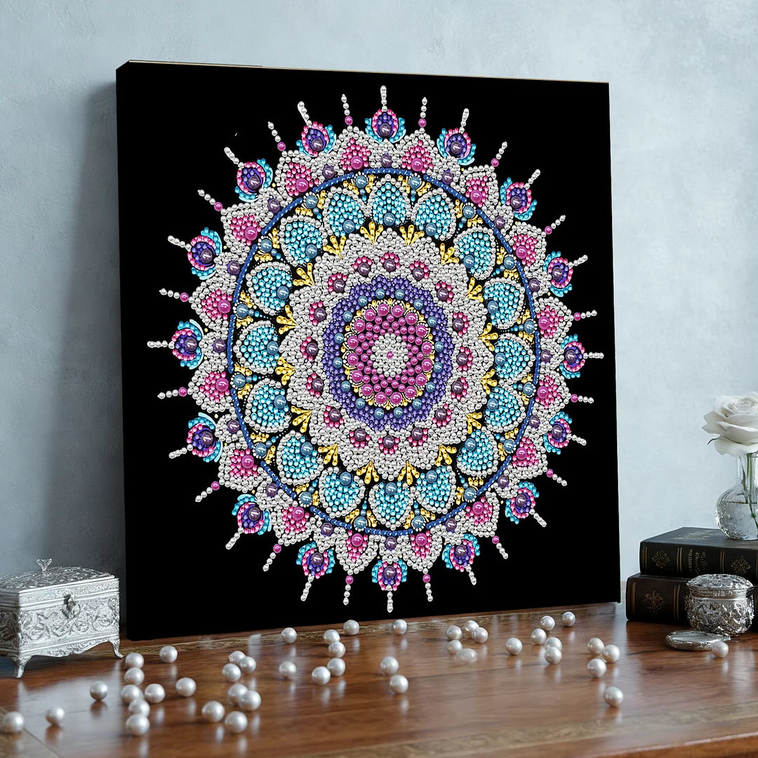 DIY Pearl Painting With Frame - Handmade Self-Adhesive Pearls - Pastel Lace Mandala(25*25cm)