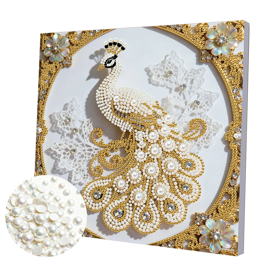 DIY Pearl Painting With Frame - Handmade Self-Adhesive Pearls - Peacock (25*25cm) B