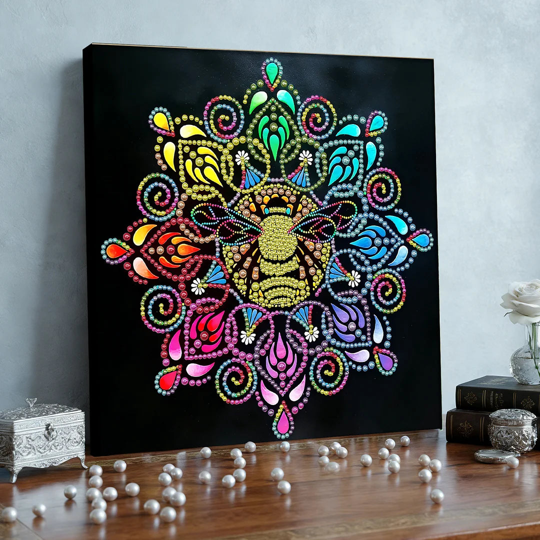 DIY Pearl Painting With Frame - Handmade Self-Adhesive Pearls - Lion Spirit Mandala (25*25cm)