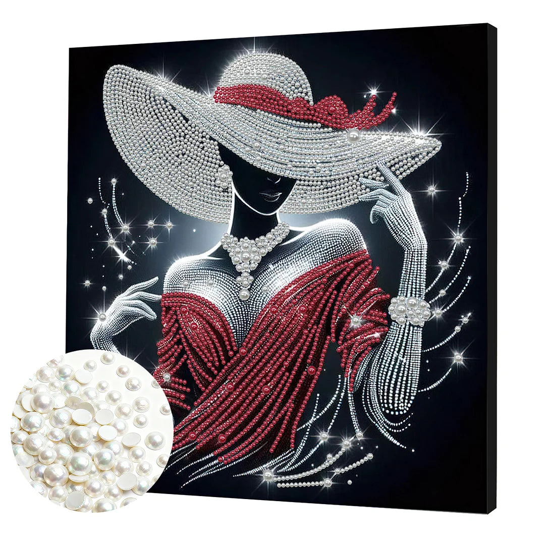 DIY Pearl Painting With Frame - Handmade Self-Adhesive Pearls - Red Dress Lady (30*30cm) A