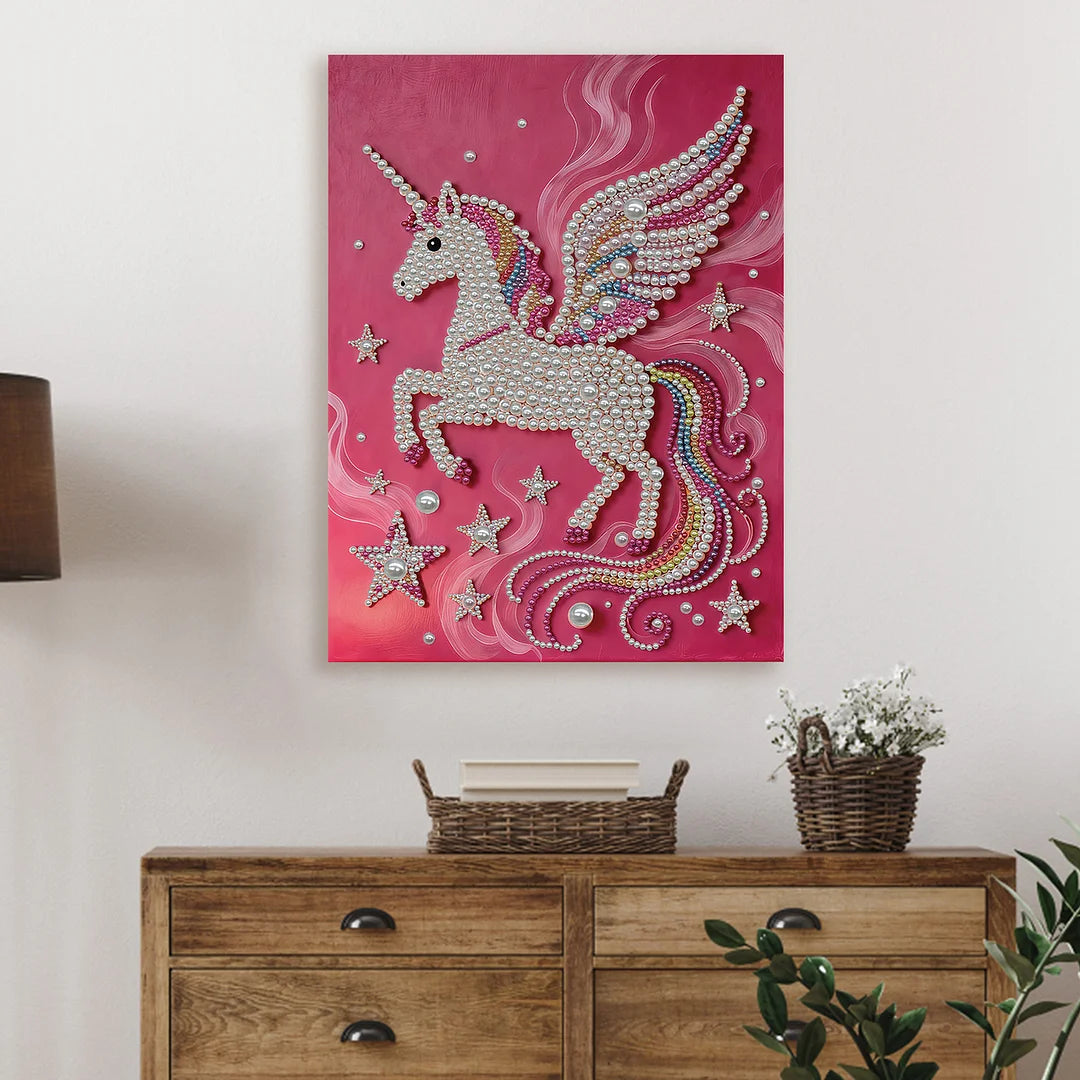 DIY Pearl Painting With Frame - Handmade Self-Adhesive Pearls - White Unicorn (30*40cm)