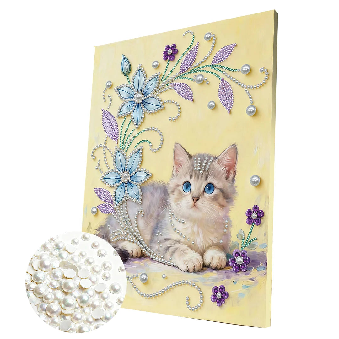 DIY Pearl Painting With Frame - Handmade Self-Adhesive Pearls - Cat (30*40cm) B