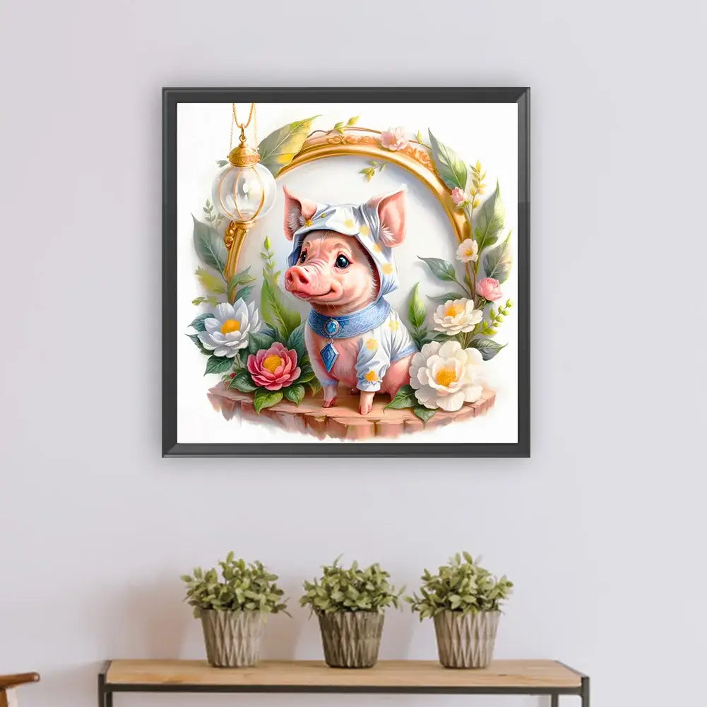 Flower Frame Pig Diamond Painting