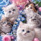 A decorative floral arrangement with five fluffy kittens posed among blue flowers, pink roses, pearls, and pink hearts on a shiny blue surface. A large pink heart in the background reads “Love & Peace.