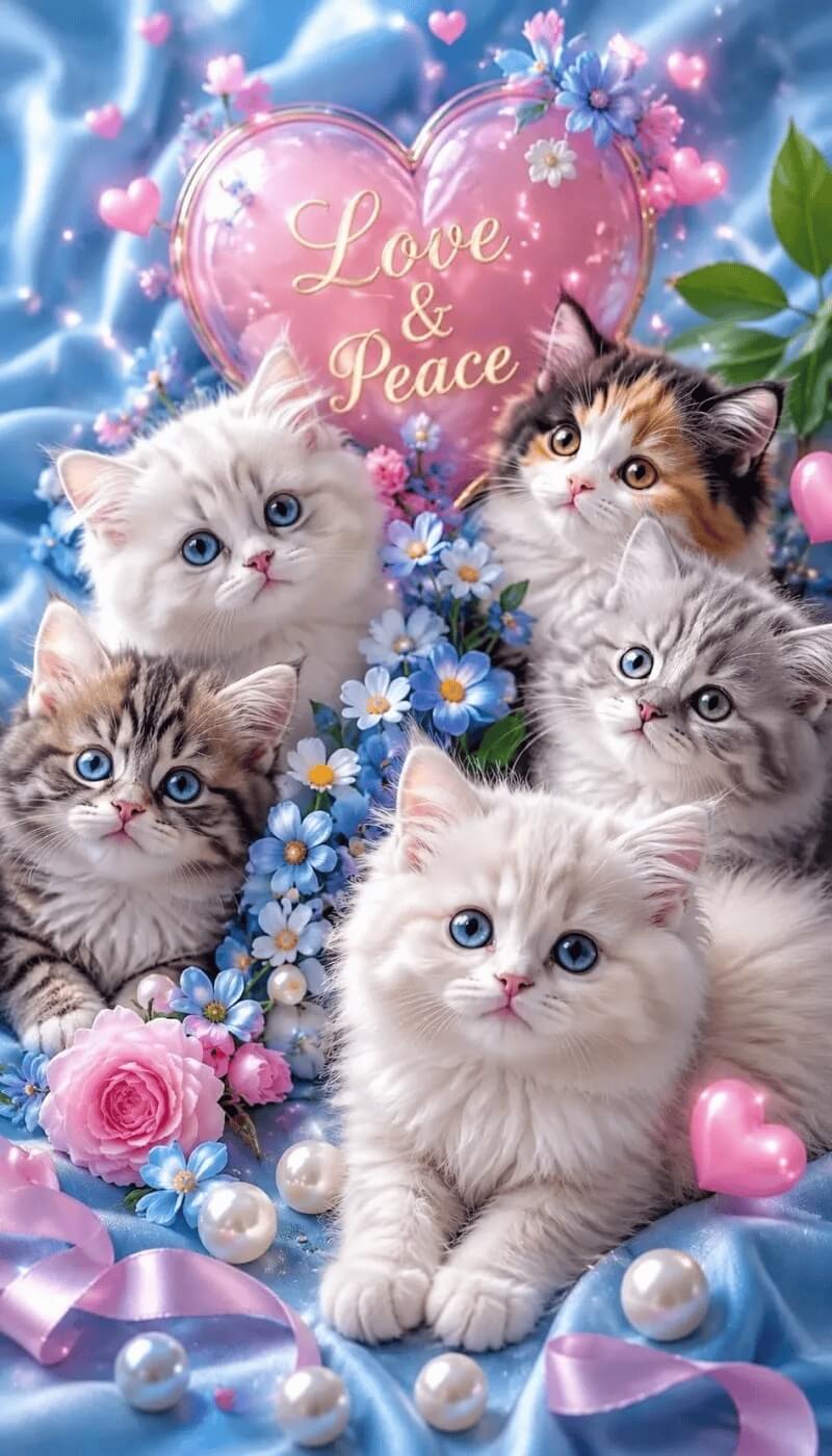 A decorative floral arrangement with five fluffy kittens posed among blue flowers, pink roses, pearls, and pink hearts on a shiny blue surface. A large pink heart in the background reads “Love & Peace.