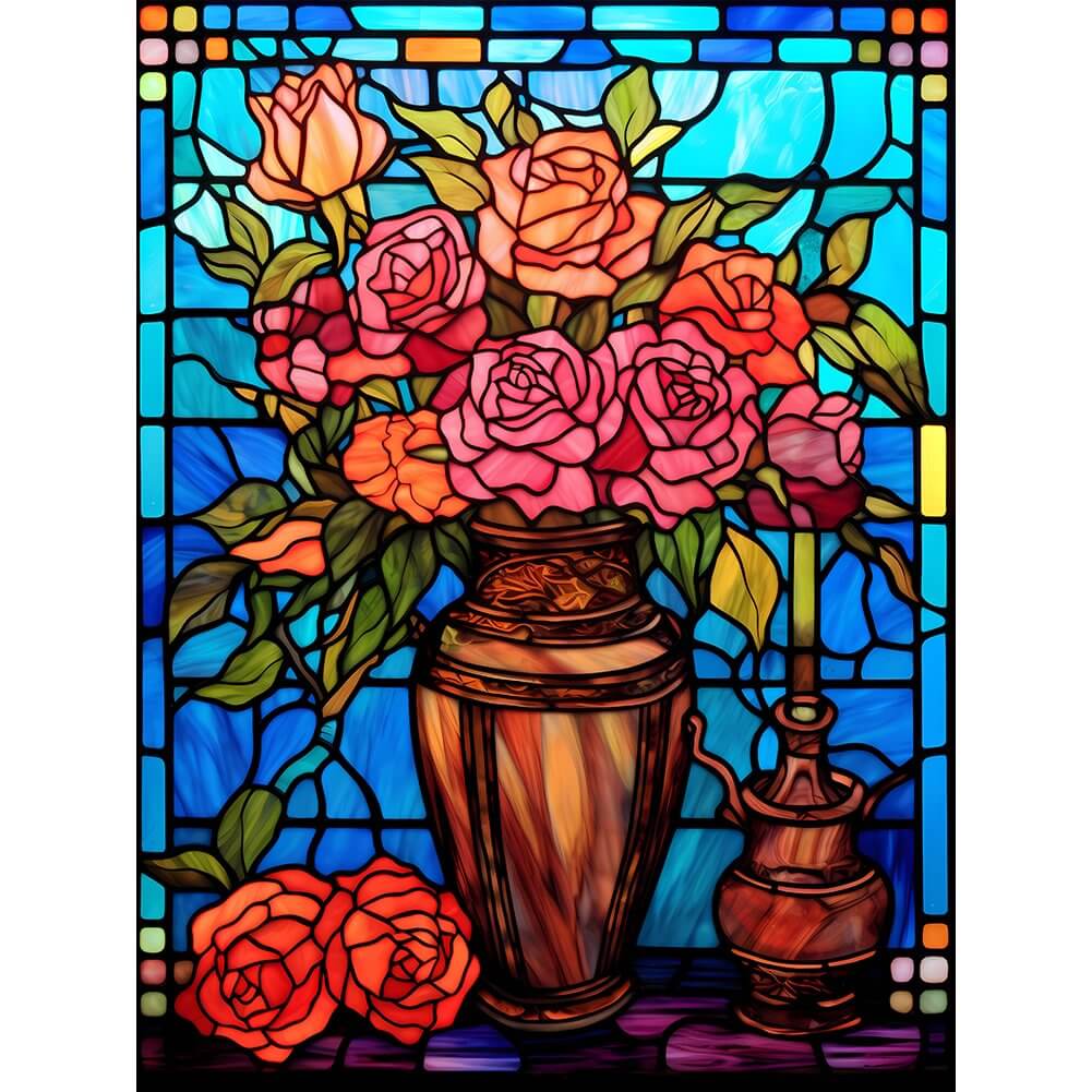 Diamond Painting - Full Round / Square - Stained Glass Rose Vase A