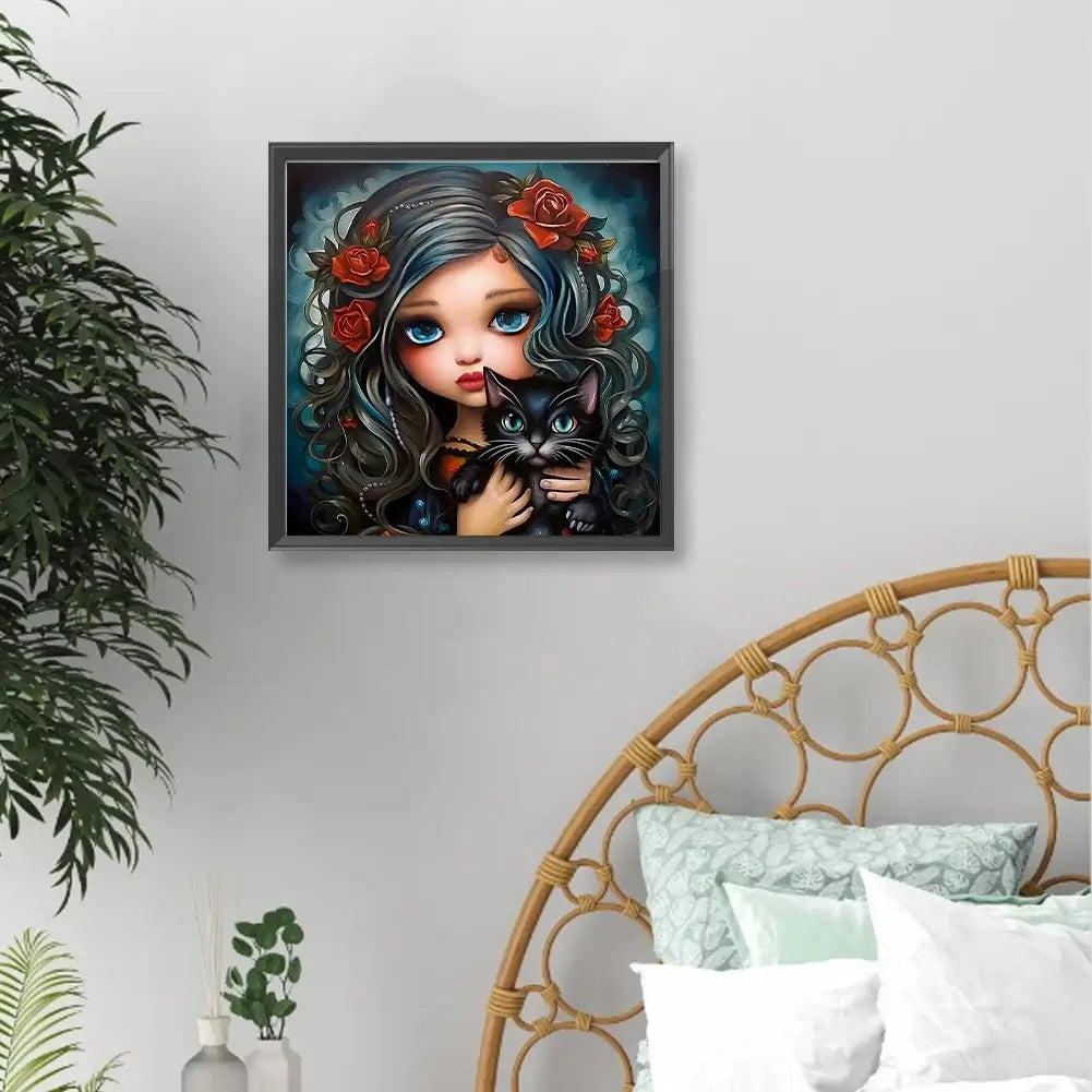 Girl And Black Cat Diamond Painting Kit