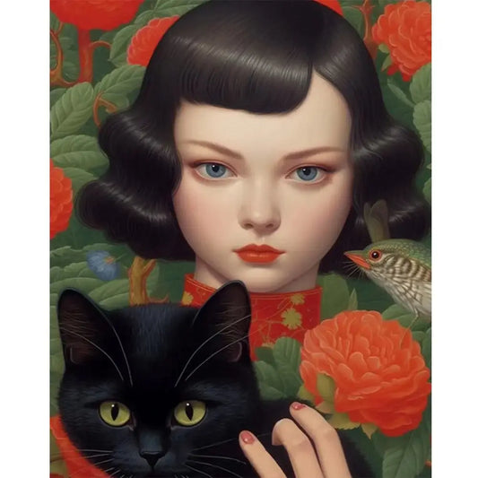 5D DIY Diamond Painting Kit - Full Round / Square - Girl and Black Cat