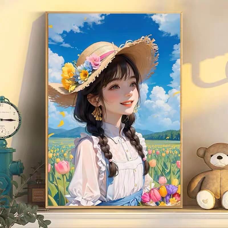 5D DIY Cute Girl With Flowers Diamond Painting a