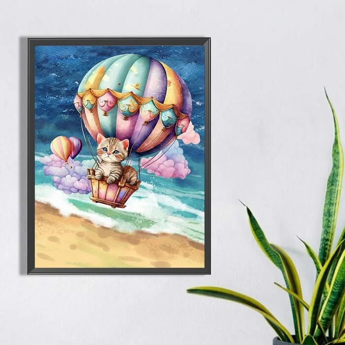 Diamond Painting - Full Round / Square - Cat & Hot Air Balloon