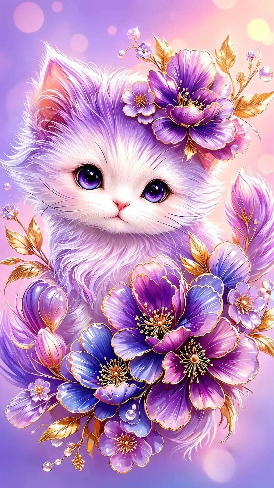 DIY Animal Diamond Painting Kit - Full Round / Square - Kitten In Flowers