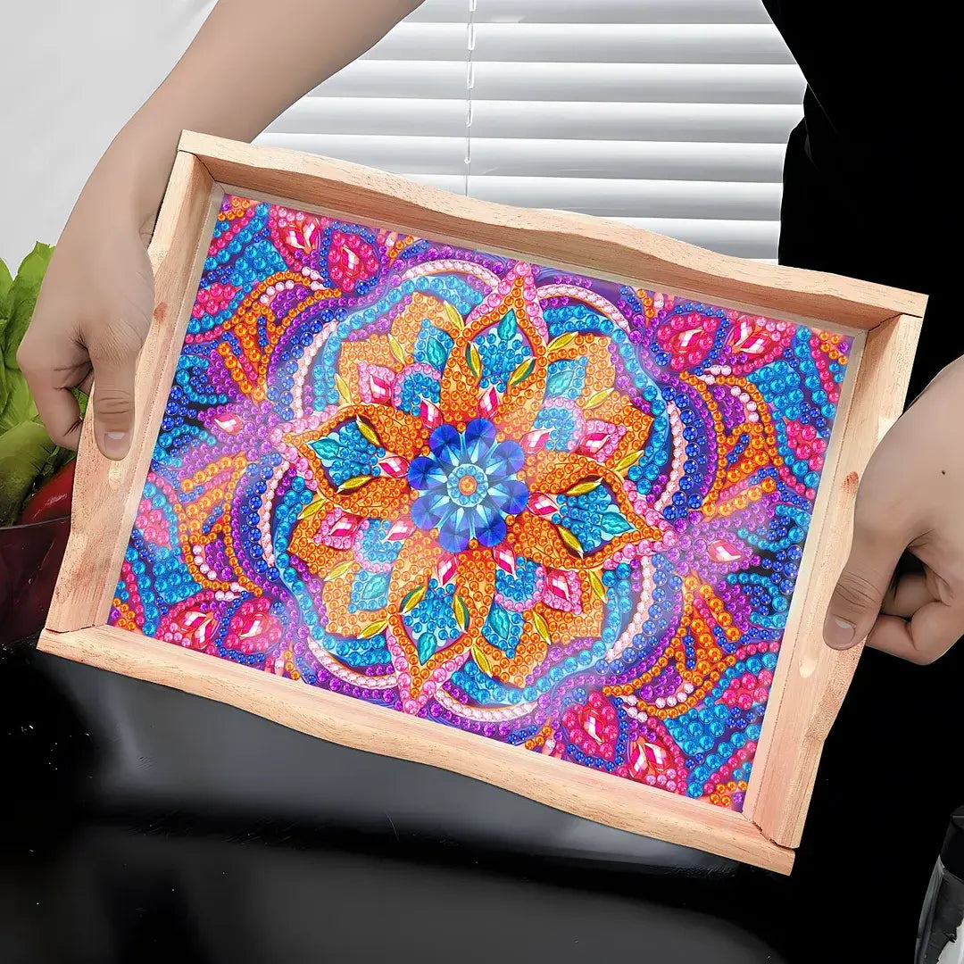 mandala diamond art decor wooden food serving tray