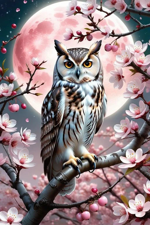 Owl and Peach Blossom 5D DIY Diamond Painting Kit
